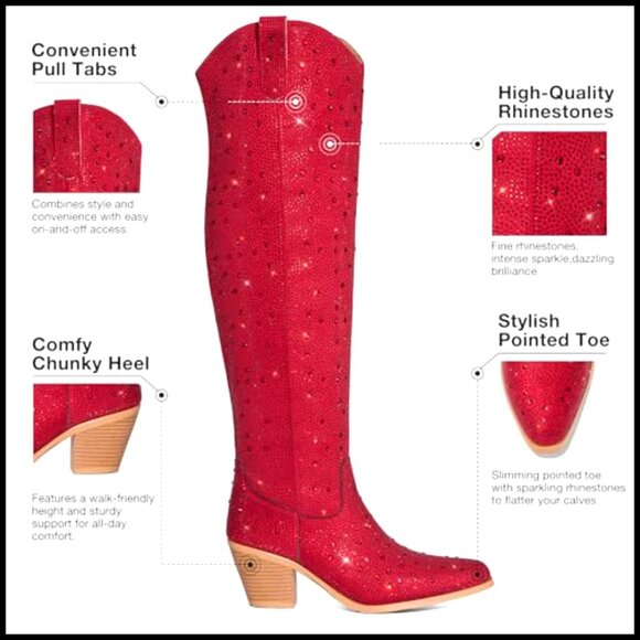 Rhinestone Over the Knee Cowboy Boots Pointed Toe Chunky Heel Thigh High